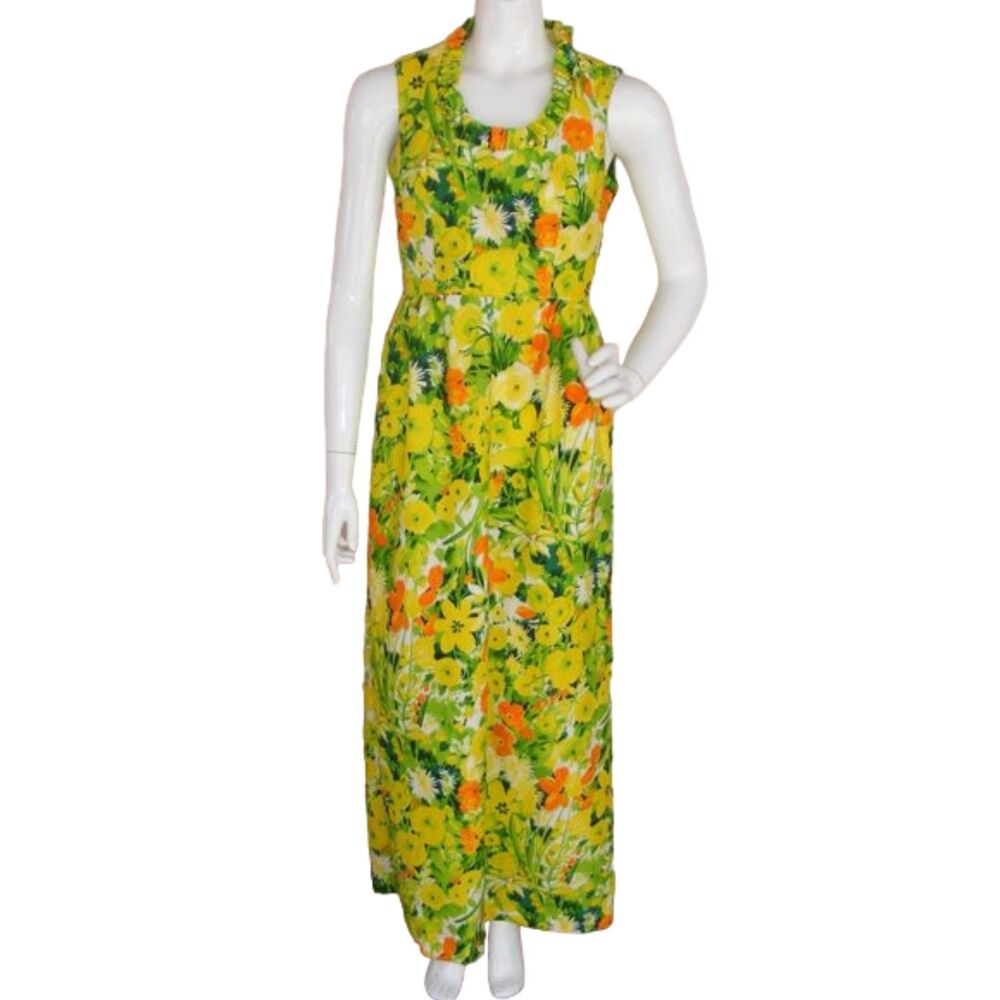 60's Vintage Maxi Dress, S, Bright Floral, Ruffle, Yellow/Orange/Green